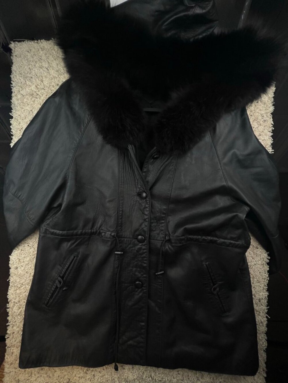 Yudofsky Real Fur Hooded Coat Black sheepskin Leather Medium Red Kid USA
